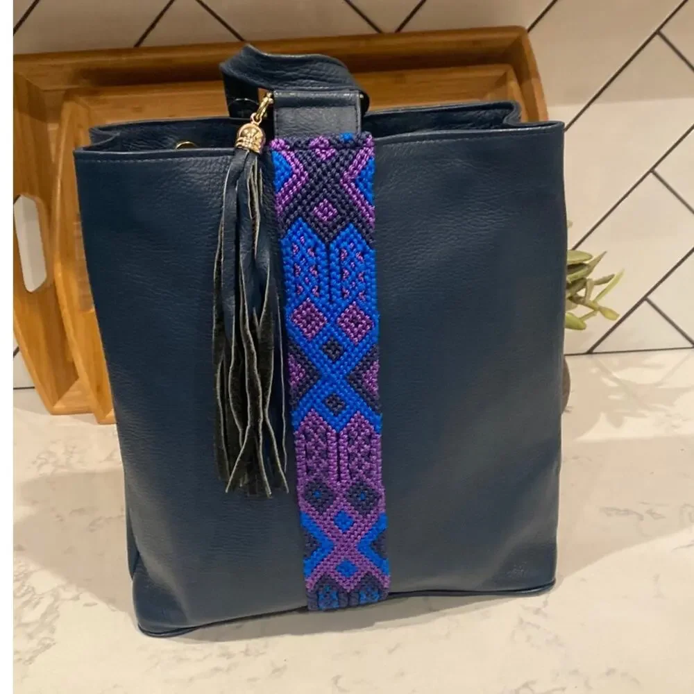 Sarahí blue tribal accent tassel backpack bohemian indigenous faux leather